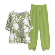 2 Piece Summer Outfits for Women Pants Sets Loose Baggy 3/4 Sleeve Linen Tops Capri Pants Casual Sets Plus Size Lounge Linen Set