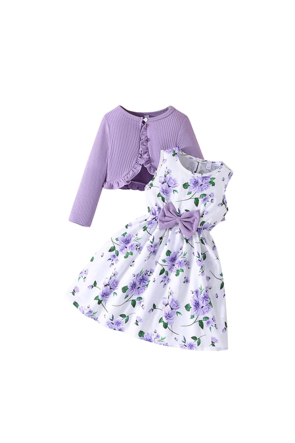 2 Piece Summer Set For Girls Crew Neck Button Ruffle Knitted Cardigan Sleeveless Print Dress Cute Casual Outfits (2-3Years, Purple)
