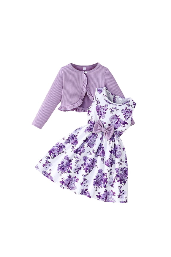 2 Piece Summer Set For Girls Crew Neck Button Ruffle Knitted Cardigan Sleeveless Print Dress Cute Casual Outfits (8-9Years, Purple-A)