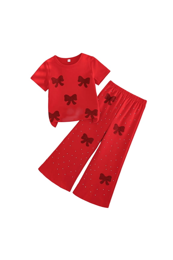 2 Piece Summer Set For Girls Crew Neck Short Sleeve Elastic Waist Pants Cute Bow Print Casual Loose Clothes (6 Years, Red)
