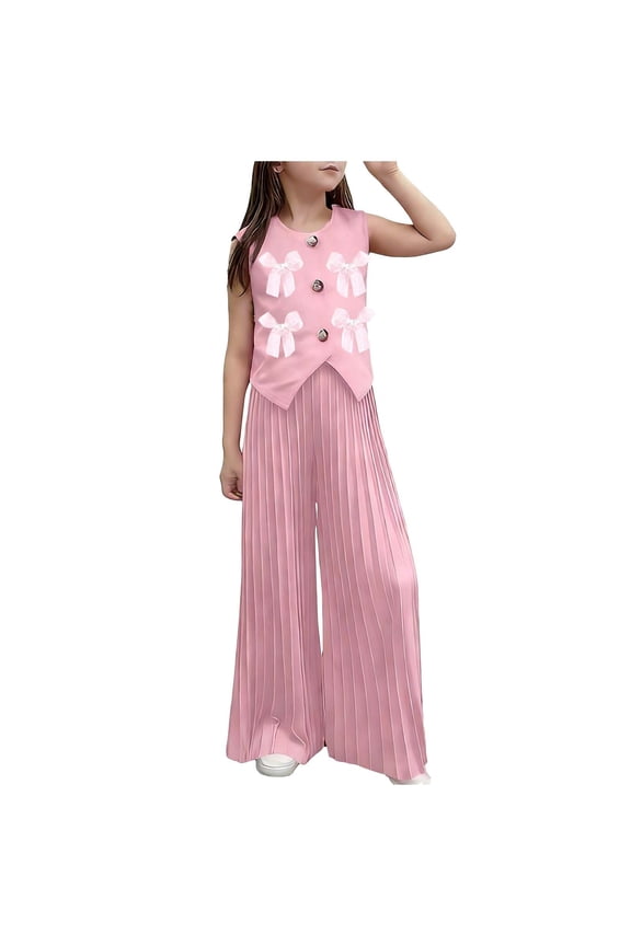 2 Piece Summer Set For Girls Sleeveless Crew Neck Button Down Tops Wide Leg Pleated Pants Casual Stylish Suit (7-8Years, Pink)