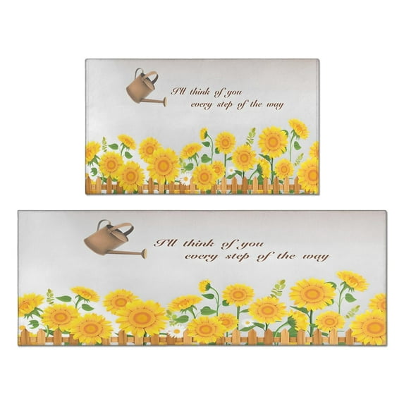 2 Piece Sunflower Flowers on White Background Rug Kitchen Rug Set, Decor Kitchen Rugs, Absorbent Non-Slip Washable Floor Mats, Home Indoor Runner Rugs 17"x47"+17"x30"