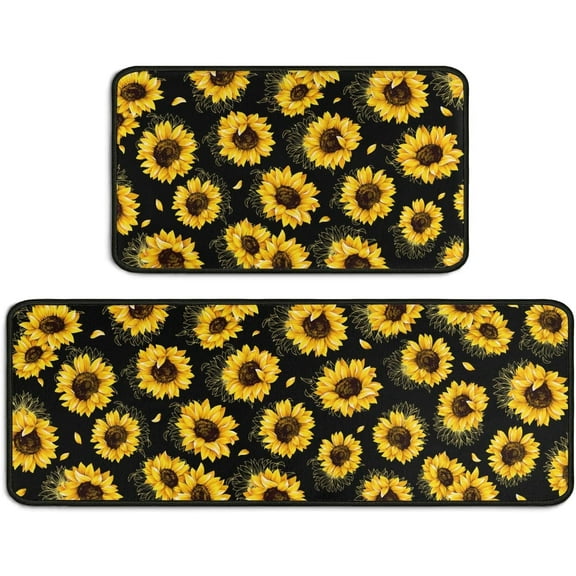 2 Piece Sunflower Kitchen Decor Rug Set, Home Kitchen Sink Rugs and Mats Non Skid Washable Absorbent Microfiber Kitchen Floor Carpet 17" x 47"+17" x 30"