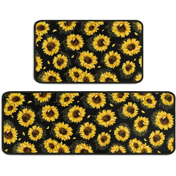 2 Piece Sunflower Kitchen Decor Rug Set, Home Kitchen Sink Rugs and Mats Non Skid Washable Absorbent Microfiber Kitchen Floor Carpet 17" x 47"+17" x 30"