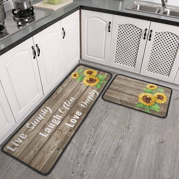 2-Piece Sunflower Kitchen Rugs, Farmhouse Decor Anti-Fatigue Mats, Non-Skid Washable, Live Laugh Love, Sizes 17x30 and 17x47 Inches