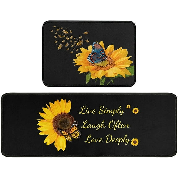 2 Piece Sunflower Kitchen Rugs for Kitchen Decor Non Slip Black Kitchen Rug Set