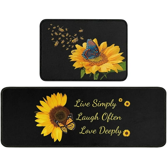 2 Piece Sunflower Kitchen Rugs for Kitchen Decor Non Slip Black Kitchen Rug Set