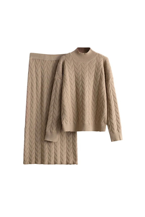 2 Piece Sweater Dresses for Women Ribbed Cable Knit Matching Sets Long Sleeve Crewneck Pullover Jumper Top & Loose Long Skirt Casual Homewear Travel Workwear Comfy Trendy Clothing