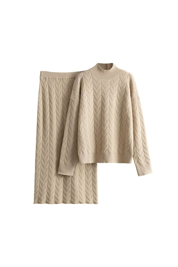 2 Piece Sweater Dresses for Women Ribbed Cable Knit Matching Sets Long Sleeve Crewneck Pullover Jumper Top & Loose Long Skirt Casual Homewear Travel Workwear Comfy Trendy Clothing