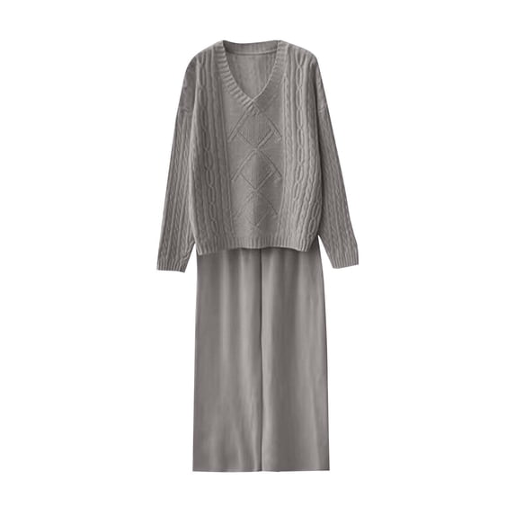 2 Piece Sweater Outfits for Women, Long Sleeve Knit V-Neck Pullover Tops and High Waist Wide Leg Pants Loungewear Sets Fall Warm Clothes Dark Gray One Size