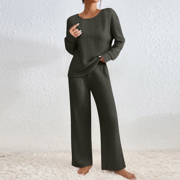 2 Piece Sweater Outfits for Women Ribber Knit Long Sleeve Pullover Top and Wide Leg Pants Loungewear Matching Set Fall Winter Home Clothes Dark Gray M