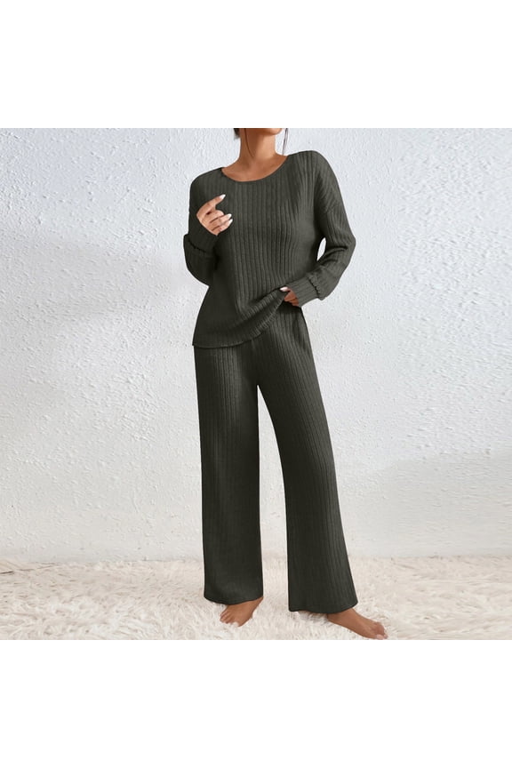 2 Piece Sweater Outfits for Women Ribber Knit Long Sleeve Pullover Top and Wide Leg Pants Loungewear Matching Set Fall Winter Home Clothes Dark Gray S