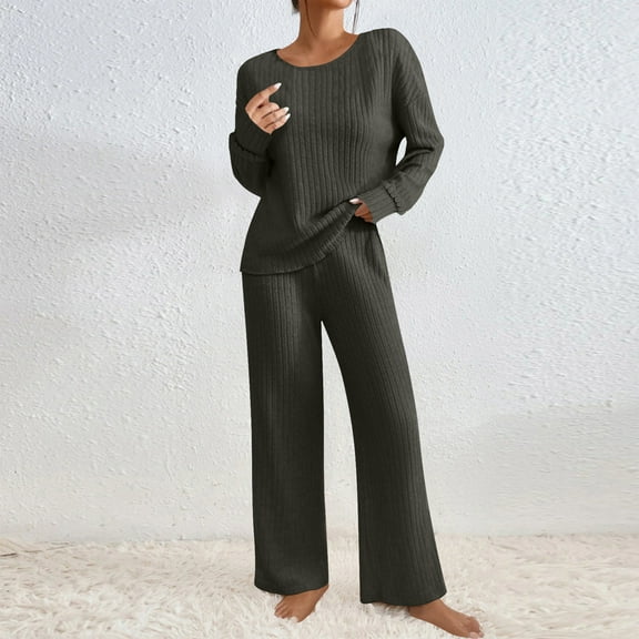 2 Piece Sweater Outfits for Women Ribber Knit Long Sleeve Pullover Top and Wide Leg Pants Loungewear Matching Set Fall Winter Home Clothes Dark Gray S