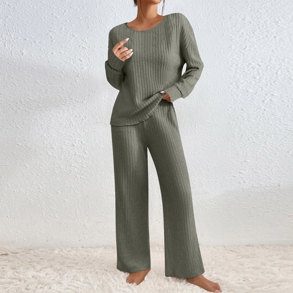 2 Piece Sweater Outfits for Women Ribber Knit Long Sleeve Pullover Top and Wide Leg Pants Loungewear Matching Set Fall Winter Home Clothes Gray M