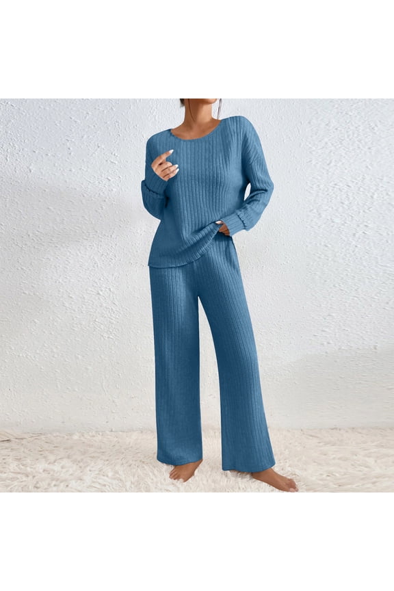 2 Piece Sweater Outfits for Women Ribber Knit Long Sleeve Pullover Top and Wide Leg Pants Loungewear Matching Set Fall Winter Home Clothes Sky Blue M