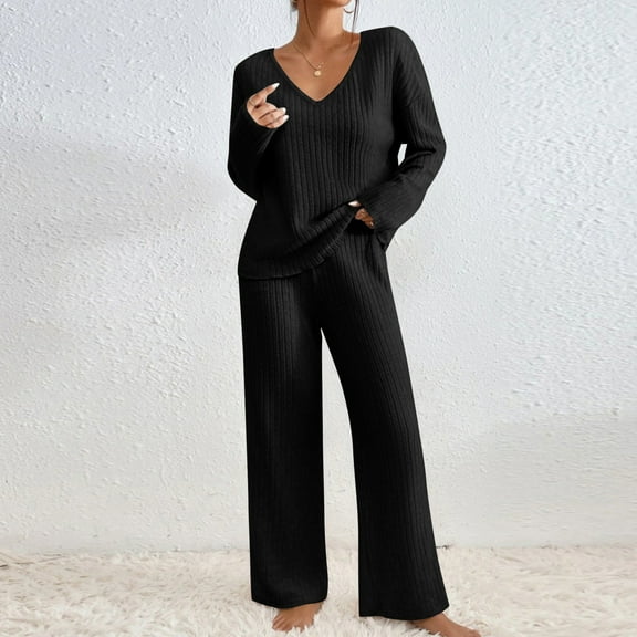 2 Piece Sweater Sets For Women V Neck Long Sleeve Knit Sweater Wide Leg Pants Sweatsuit Fall Lounge Wear Black 2XL