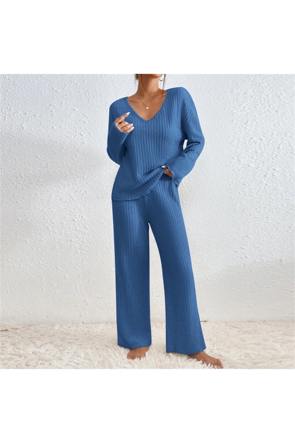 2 Piece Sweater Sets For Women V Neck Long Sleeve Knit Sweater Wide Leg Pants Sweatsuit Fall Lounge Wear Blue L