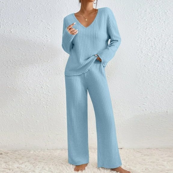 2 Piece Sweater Sets For Women V Neck Long Sleeve Knit Sweater Wide Leg Pants Sweatsuit Fall Lounge Wear Blue M
