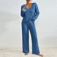 thumbnail image 1 of 2 Piece Sweater Sets For Women V Neck Long Sleeve Knit Sweater Wide Leg Pants Sweatsuit Fall Lounge Wear Blue S, 1 of 6