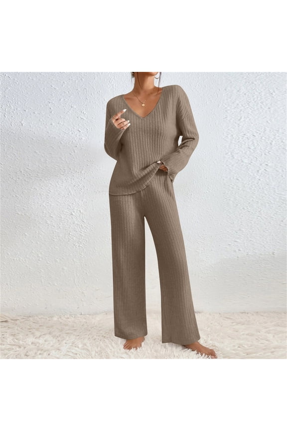 2 Piece Sweater Sets For Women V Neck Long Sleeve Knit Sweater Wide Leg Pants Sweatsuit Fall Lounge Wear Brown S