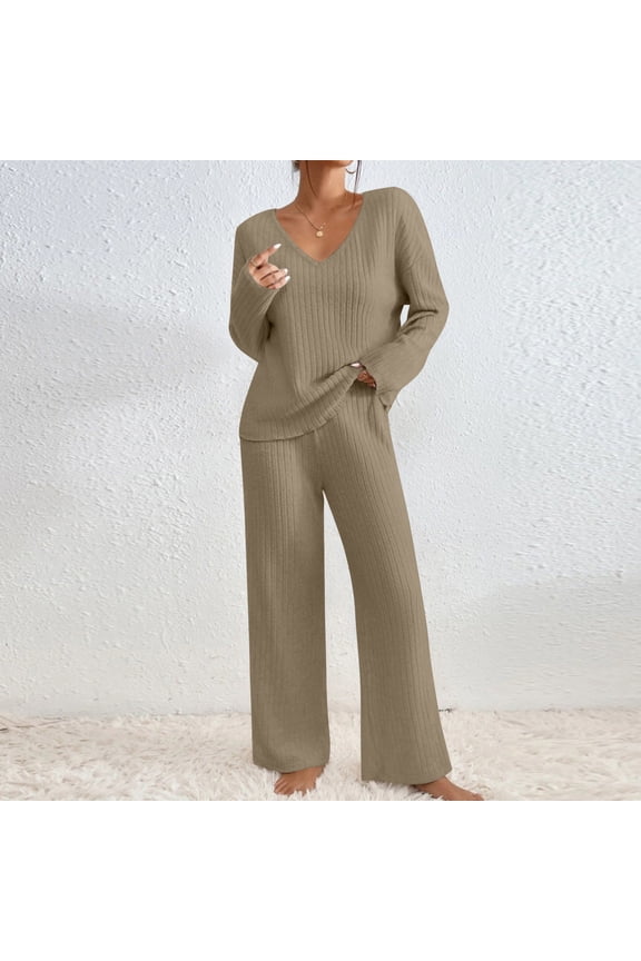 2 Piece Sweater Sets For Women V Neck Long Sleeve Knit Sweater Wide Leg Pants Sweatsuit Fall Lounge Wear Camel 2XL