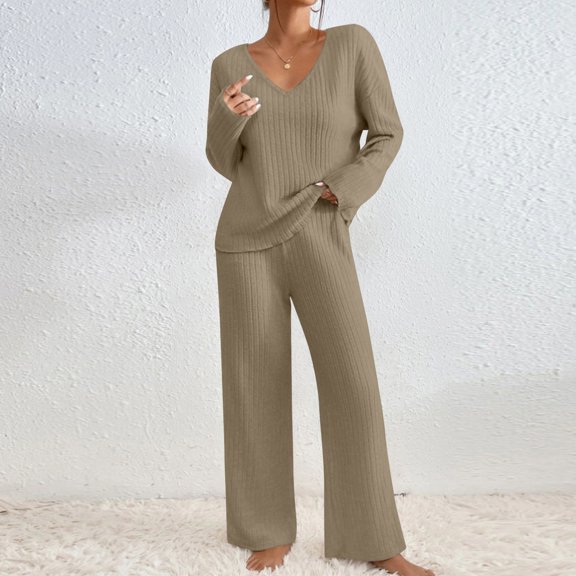 2 Piece Sweater Sets For Women V Neck Long Sleeve Knit Sweater Wide Leg Pants Sweatsuit Fall Lounge Wear Camel XL