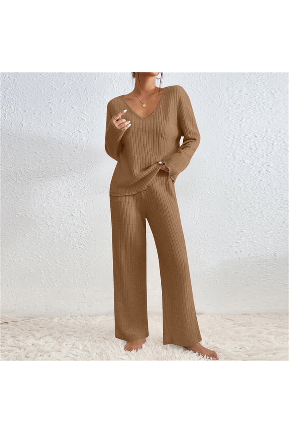 2 Piece Sweater Sets For Women V Neck Long Sleeve Knit Sweater Wide Leg Pants Sweatsuit Fall Lounge Wear Coffee S