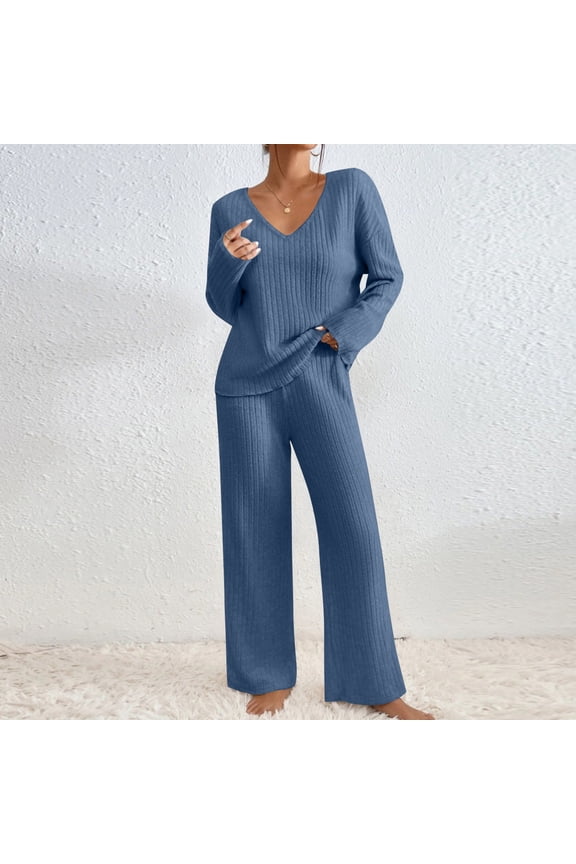 2 Piece Sweater Sets For Women V Neck Long Sleeve Knit Sweater Wide Leg Pants Sweatsuit Fall Lounge Wear Dark Blue XL
