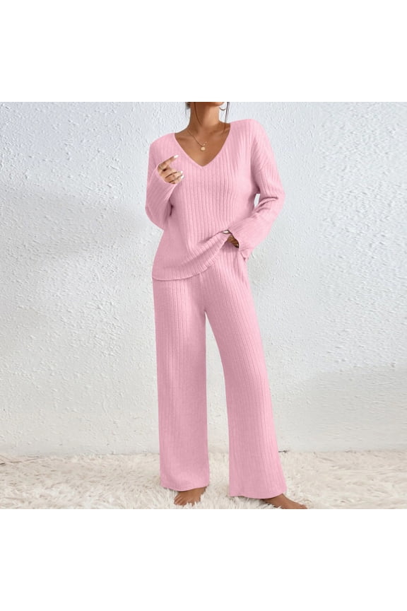 2 Piece Sweater Sets For Women V Neck Long Sleeve Knit Sweater Wide Leg Pants Sweatsuit Fall Lounge Wear Pink XL