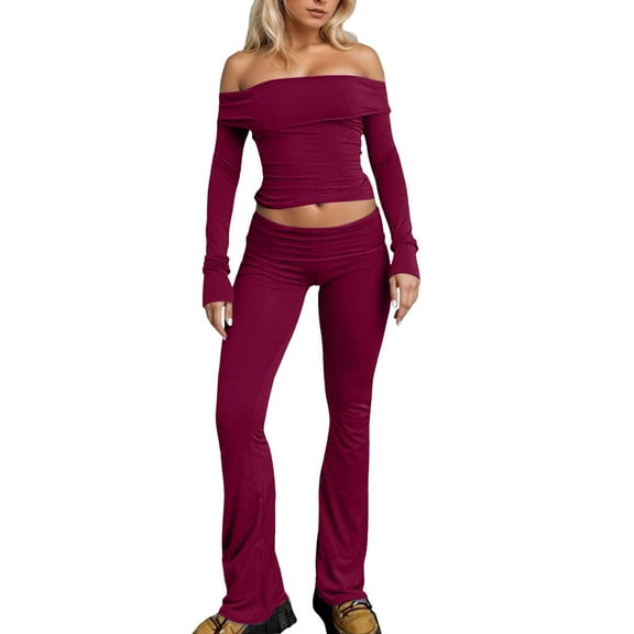 2 Piece Sweater Sets for Women Long Sleeve Long Pants Off The Shoulder Pollover Sweatshirt Stretchy Flare Leggings,Comfort Sweatsuits for Women,Winter Outfit Set,Size:M