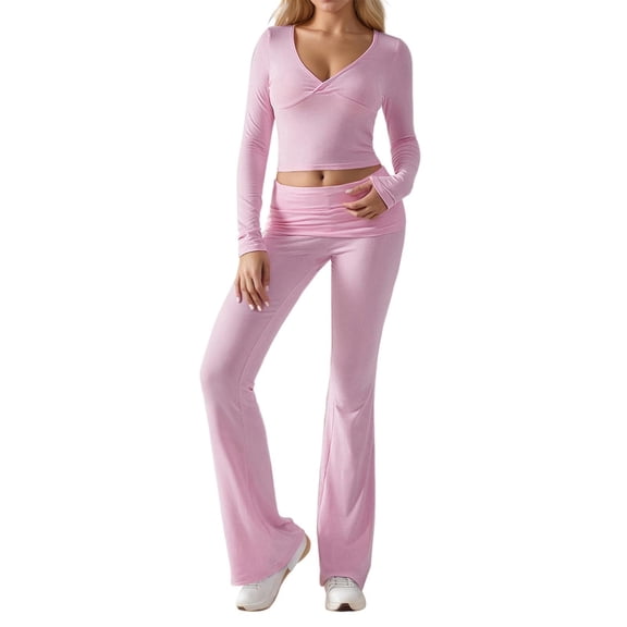 2 Piece Sweater Sets for Women Long Sleeve Long Pants V-Neck Pollover Sweatshirt Stretchy Flare Leggings,Comfort Sweatsuits for Women,Winter Outfit Set,Size:XS