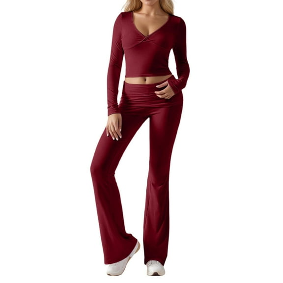 2 Piece Sweater Sets for Women Long Sleeve Long Pants V-Neck Pollover Sweatshirt Stretchy Flare Leggings,Comfort Sweatsuits for Women,Winter Outfit Set,Size:XS