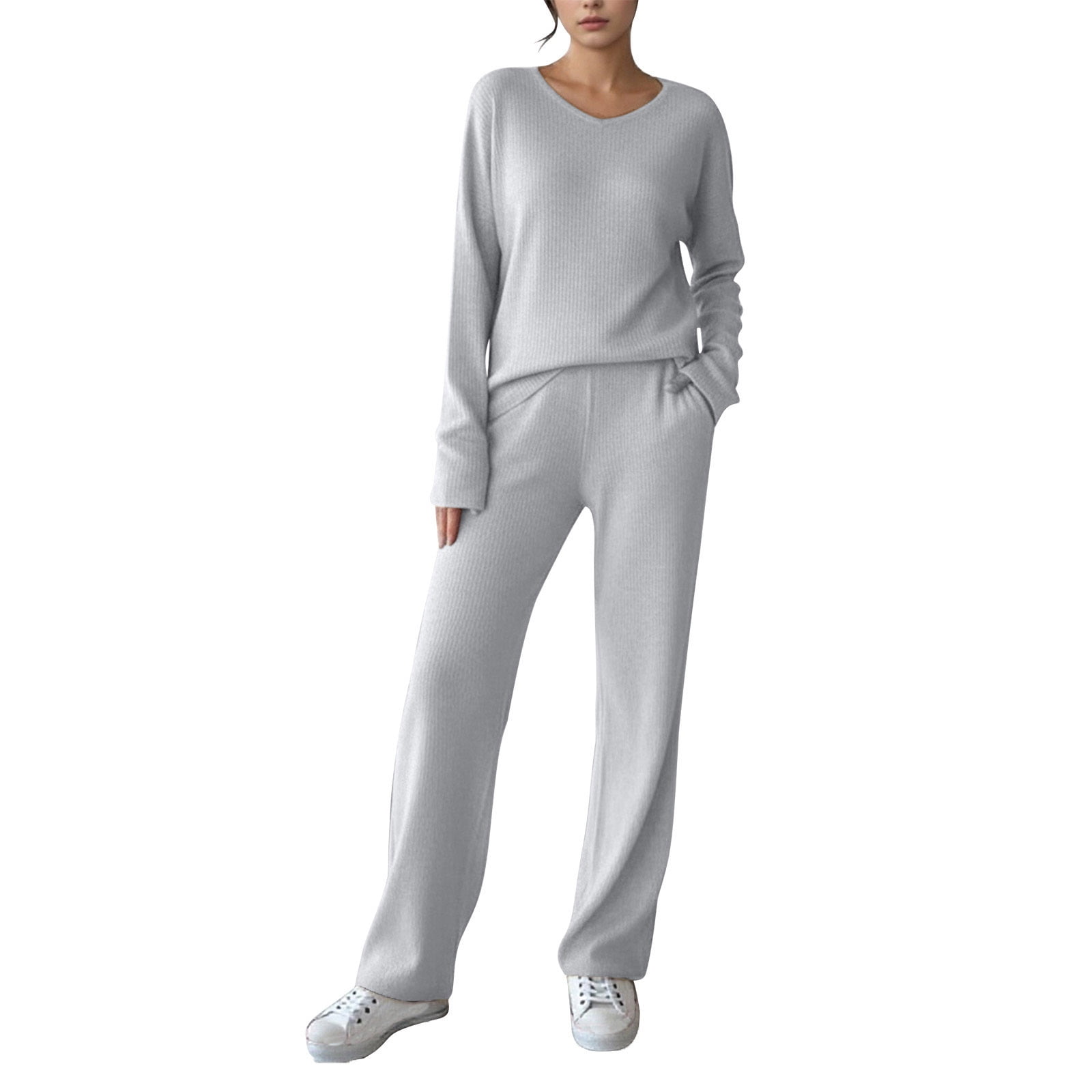 2 Piece Sweater Sets for Women Dressy V Neck Long Sleeve Ribbed Knit ...