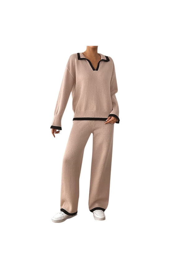 2 Piece Sweater Sets for Women Long Sleeve Collared Tops Wide Leg Pants Knit Fall Lounge Matching Set, L