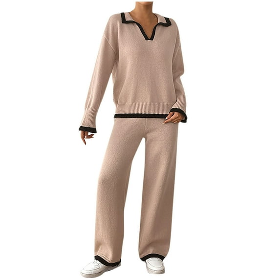 2 Piece Sweater Sets for Women Long Sleeve Collared Tops Wide Leg Pants Knit Fall Lounge Matching Set, L