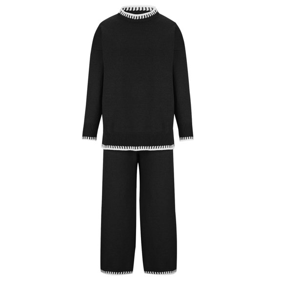 2 Piece Sweater Sets for Women Long Sleeve Crewneck Knitted Jumper with Wide Leg High Waist Pants Loungewear Sets Homewear Black,M