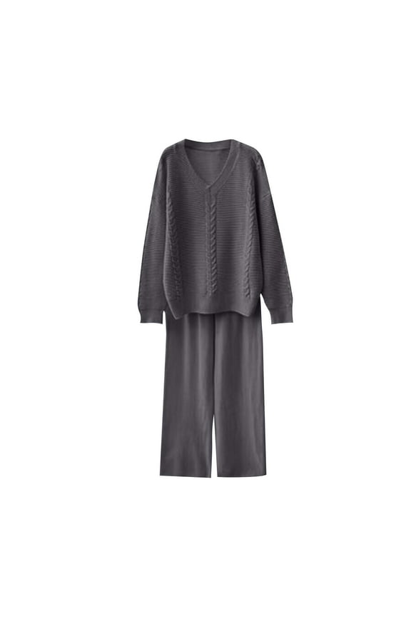 2 Piece Sweater Sets for Women Loose V Neck Pullover Cable Knitted Tops Wide Leg Pants Trendy 2025 Lounge Tracksuit