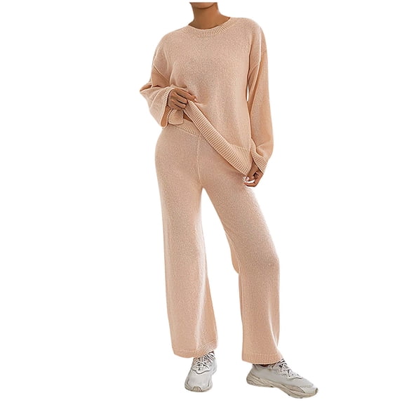 2 Piece Sweater Sets for Women Slouchy Lounge Set Crewneck Pullover Tops Wide Leg Pants Knit Fall Outfits, S