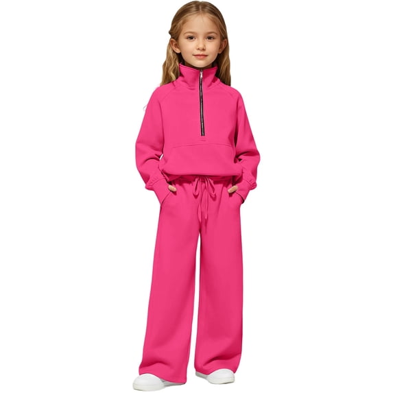 2 Piece Sweatsuit For Girls Half Zip Long Sleeve Sweatshirts Drawstring Wide Leg Pants Casual Stylish Set With Pockets (15-16 Years, Hot Pink)