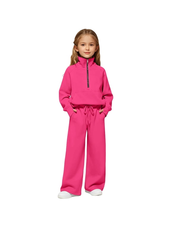 2 Piece Sweatsuit For Girls Half Zip Long Sleeve Sweatshirts Drawstring Wide Leg Pants Casual Stylish Set With Pockets (7-8 Years, Hot Pink)