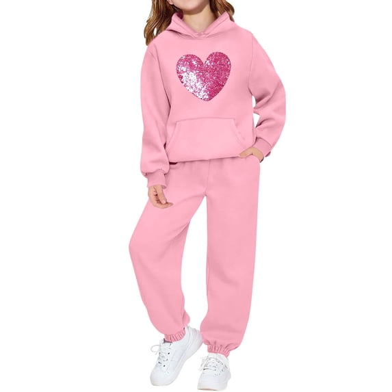 2 Piece Sweatsuit For Kids Hooded Heart Patchwork Pocket Pullover Elastic Waist Jogging Casual Sports Set (3-4Years, Pink)