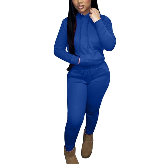 2 Piece Sweatsuit For Women Hooded Drawstring Sweatshirts Elastic Waist Joggers Casual Sports Set Swith Pockets (S, Blue)