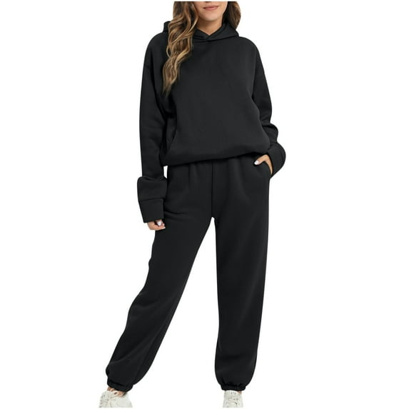 2 Piece Sweatsuit Outfits for Women Winter Thick Fleece Sherpa Lined Warm Long Sleeve Hoodies Sweatshirt Casual Sweatpants Tracksuit Lounge Set