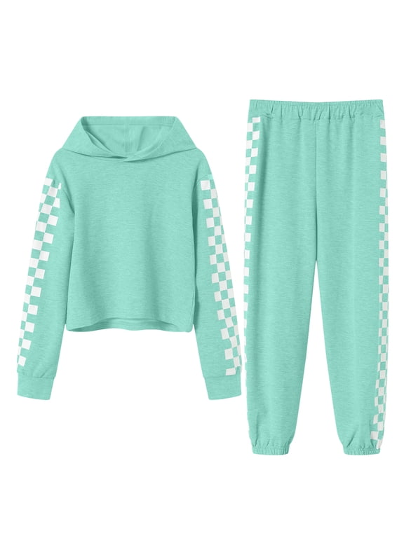 2 Piece Sweatsuit Set for Girls Trendy Travel Outfits Cute Gym Workout Causal Long Sleeve Pants Set Vacation Outfit Plaid Checkered Print Back to School Outfits