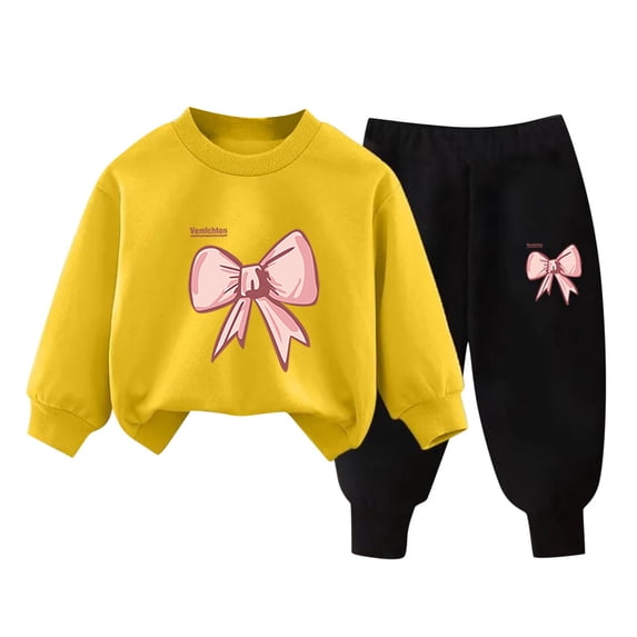 CINVREST 2 Piece Sweatsuit Set for Toddler Crew Neck Long Sleeve Sweatshirts Jogging Pants Bow Print Thermal Casual Outfits (9 Years, Yellow)