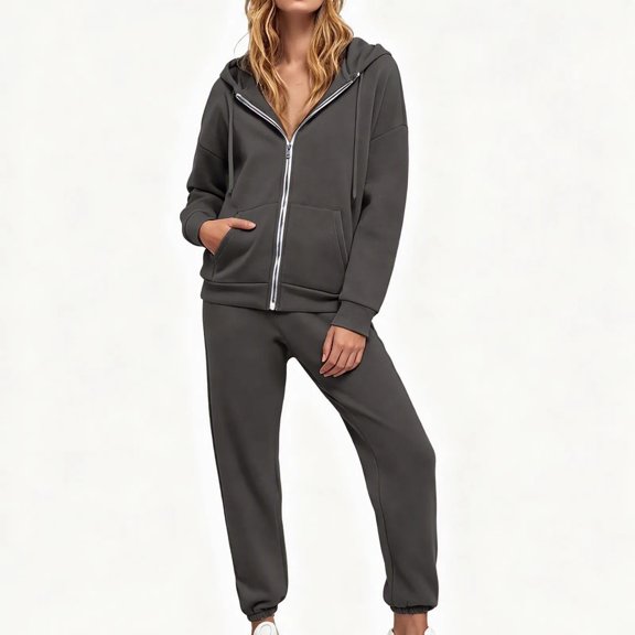 2 Piece Sweatsuit Sets for Women Zip Hoodie Coat and Cuffed Waist Pants Lounge Set Casual Solid Color Winter Outfits Suits