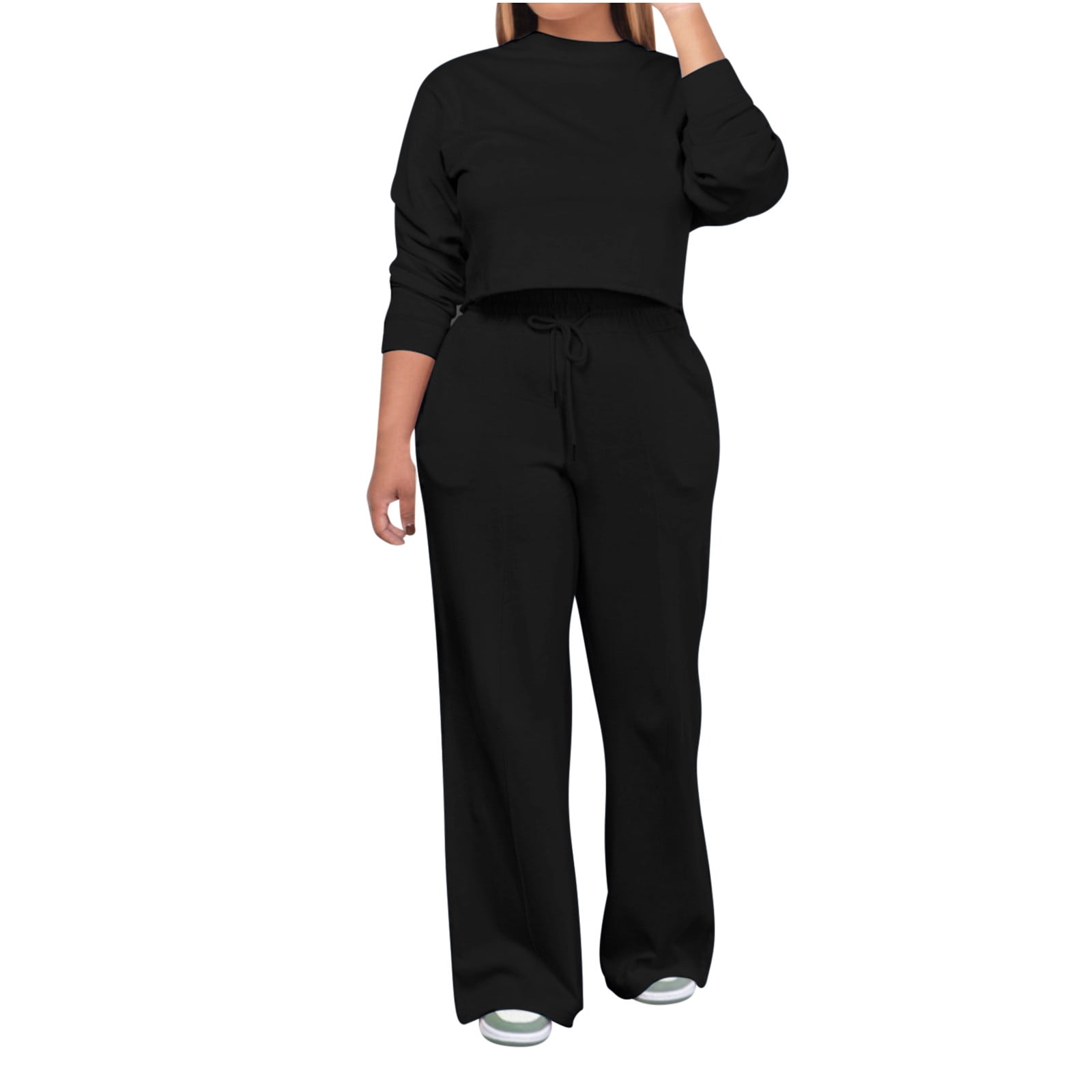 2 Piece Sweatsuit for Women Long Sleeve Crew Neck Cropped