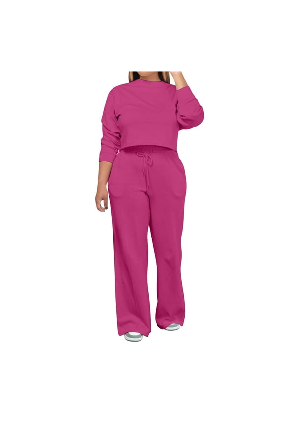 2 Piece Sweatsuit for Women Long Sleeve Crew Neck Cropped Sweatshirt Wide Leg Pants Solid Casual Loose Loungewear Set, Hot Pink, L