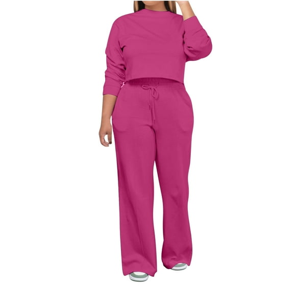 2 Piece Sweatsuit for Women Long Sleeve Crew Neck Cropped Sweatshirt Wide Leg Pants Solid Casual Loose Loungewear Set, Hot Pink, L