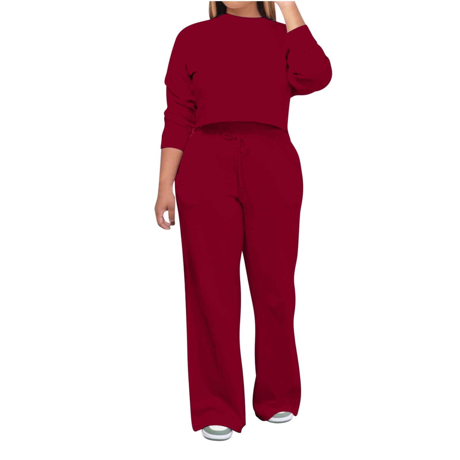 2 Piece Sweatsuit for Women Long Sleeve Crew Neck Cropped